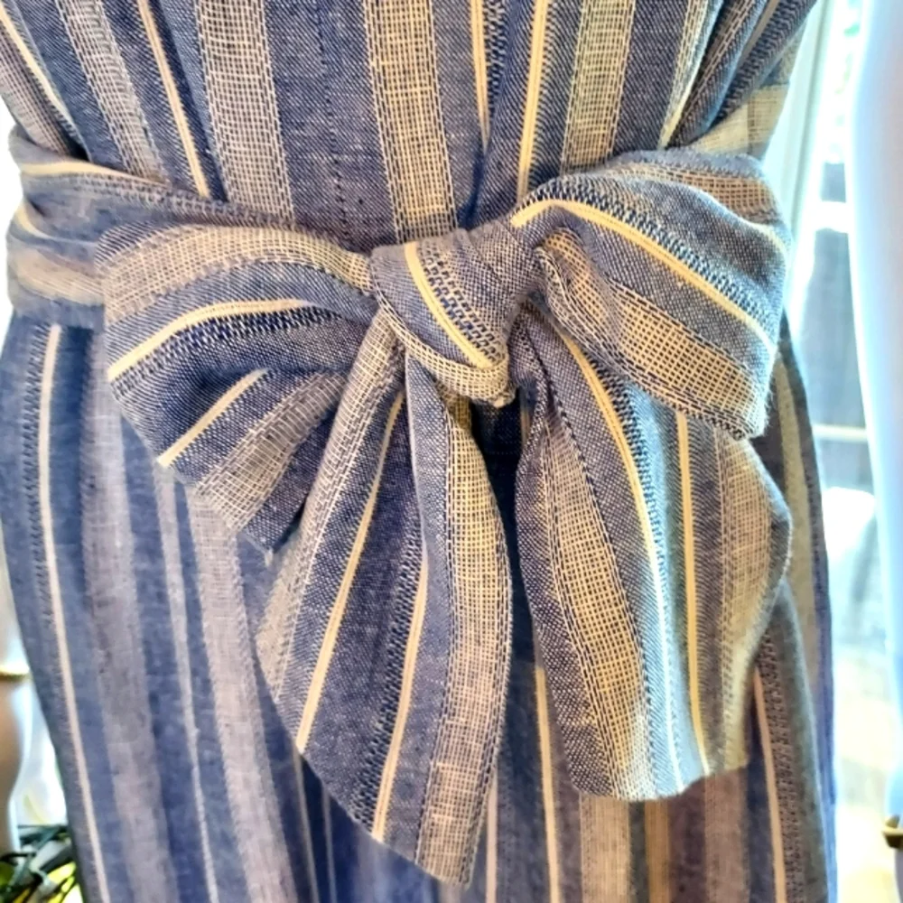 Calvin Klein Striped Linen & Rayon Jumpsuit in a Denim Blue & White. - Picture 9 of 16